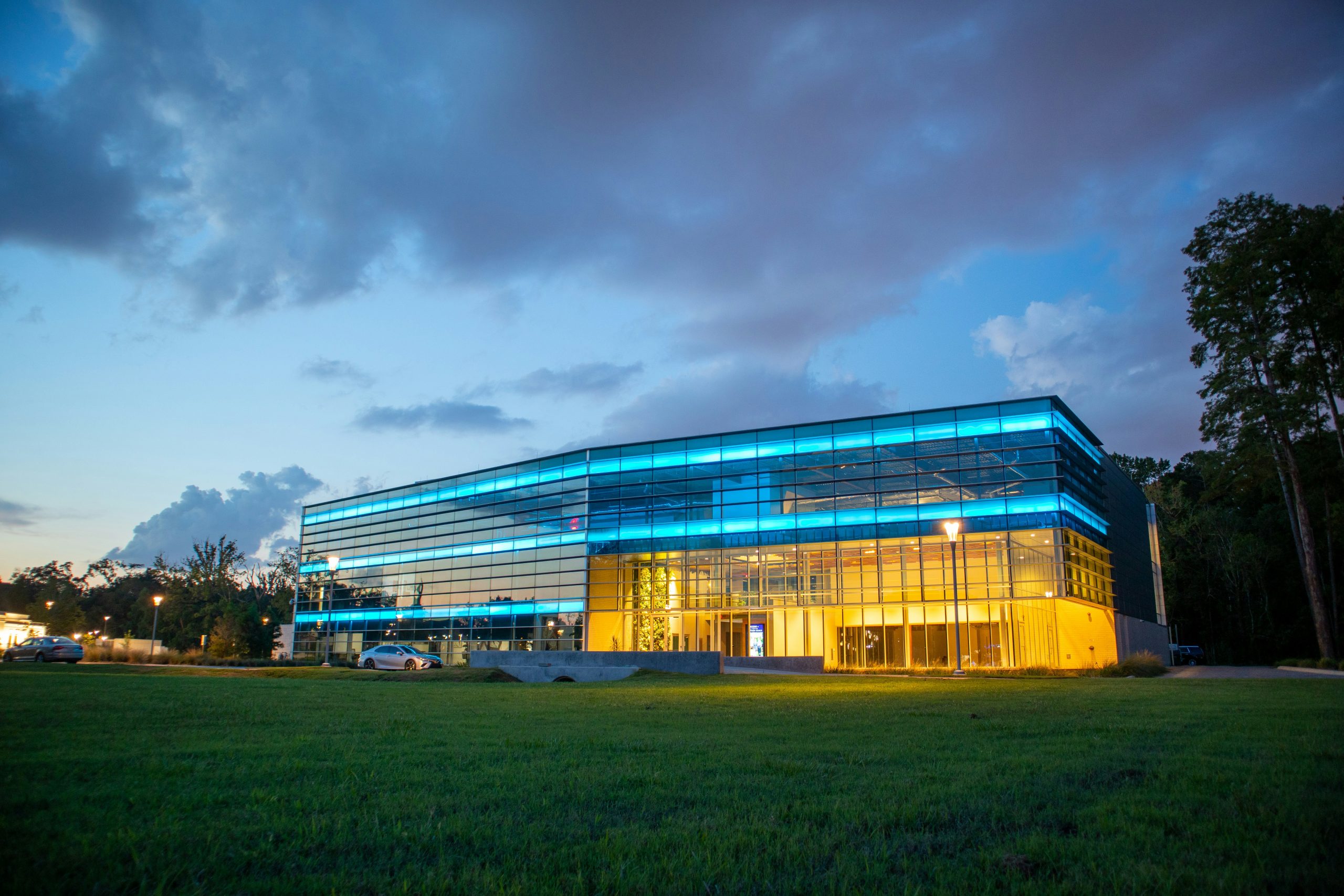 Modern commercial office building with energy-efficient LED lighting and sustainable design features
